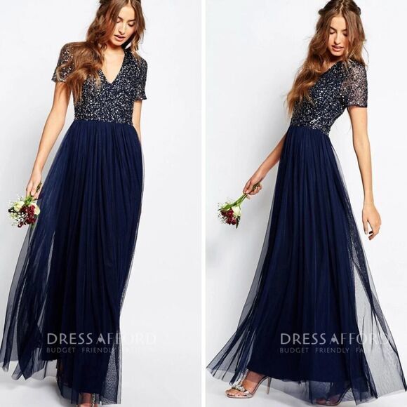 New! Maya Deluxe Womens V Neck sequins Maxi Dress navy Blue bridal prom tulle‎ - Picture 1 of 16